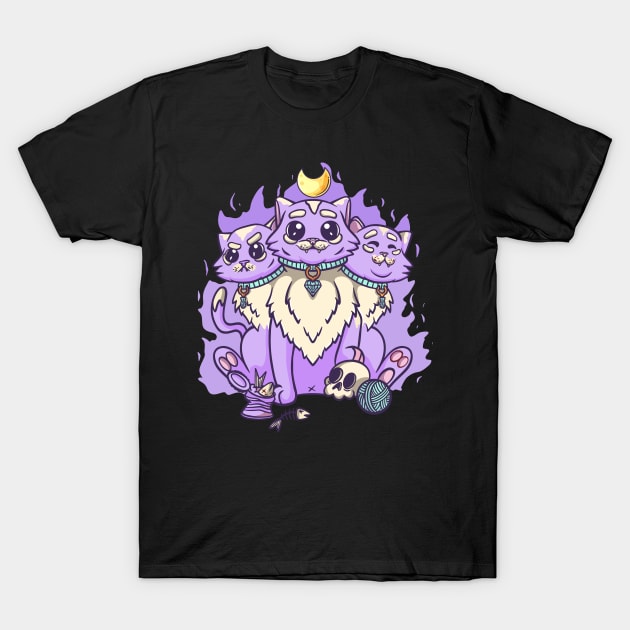 Kawaii Pastel Goth Cute Creepy 3 Headed Cat Skul, T-Shirt by PinkyTree